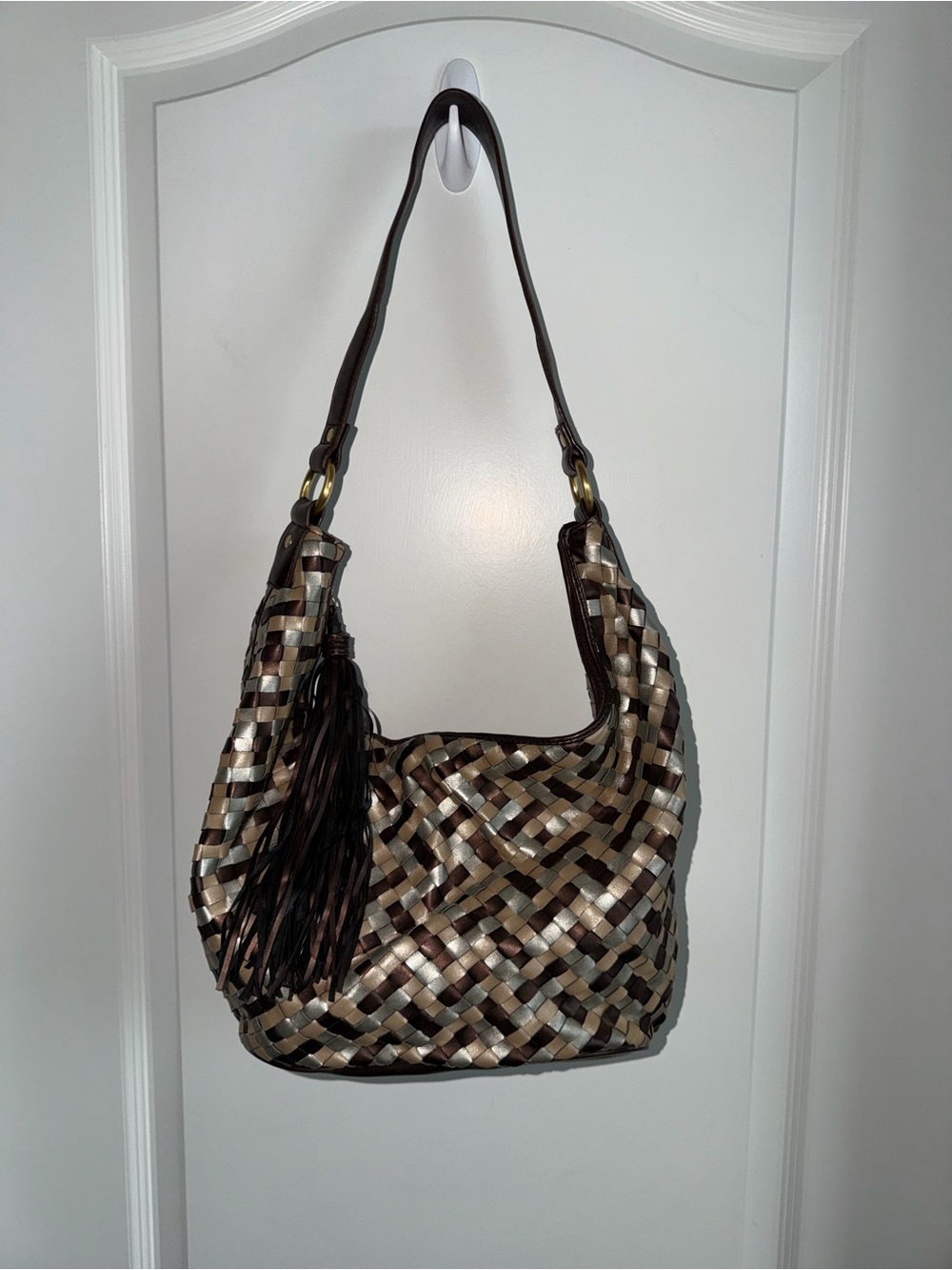 Relic Metallic Woven Hobo Shoulder Bag Brown Gold Silver Tassel Y2K Purse